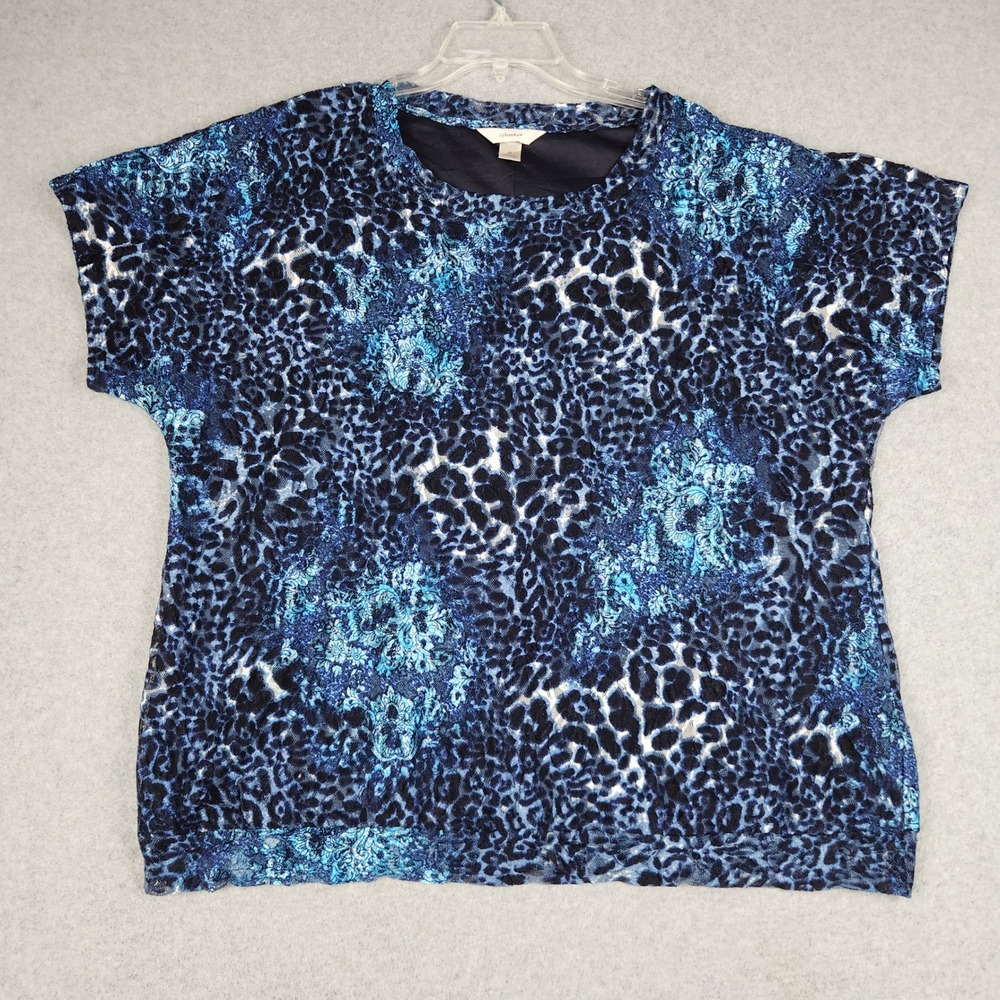 CJ Banks Blouse Top Womens 2X Blue Leopard Print Lace Overlay Stretch Classic